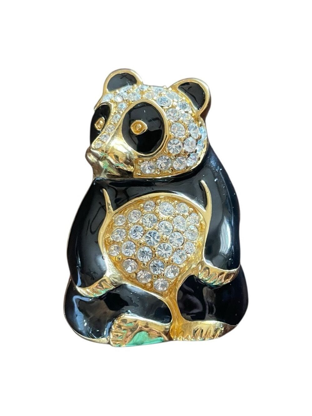 Trifari Vintage Black Enamel Rhinestone Pondering Panda Bear Brooch Animal